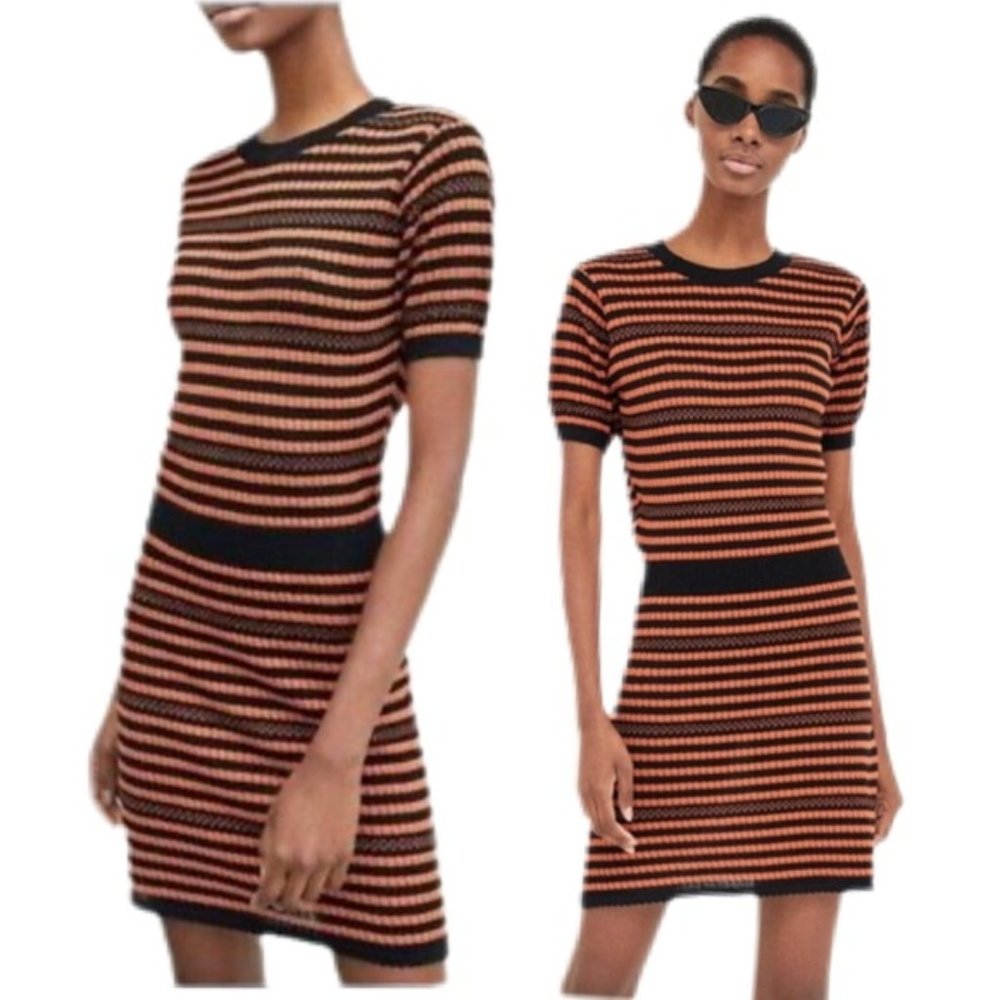 Zara Knit Orange / Black Striped Dress Size Small